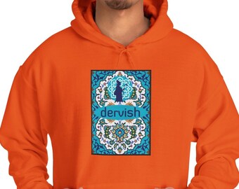 Puede incluir: Sudadera con capucha naranja con un diseño estampado en azul y blanco que presenta una silueta de una persona y la palabra "derviche".