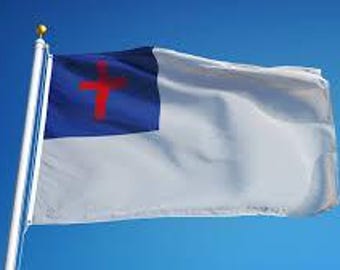 May include: A white flag with a blue rectangle in the upper left corner. A red cross is centered on the blue rectangle.