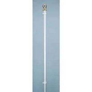 May include: A white flagpole with a gold-colored ball finial at the top. The pole is straight and has a simple design, suitable for displaying a flag. The background is a solid light blue.