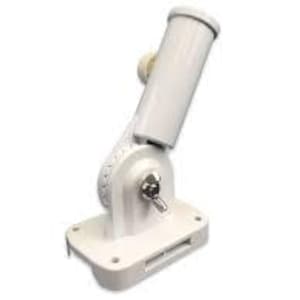 May include: A white, adjustable flag pole bracket. The bracket has a rectangular base with mounting holes, a pivoting arm, and a cylindrical holder for the flag pole. A locking mechanism is visible.