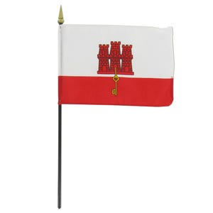 Gibraltar Miniature Flag Four x Six Inches with Base – Gibraltar Tabletop Flag, Gibraltar Decor, Gibraltar Heritage Gibraltar Culture
