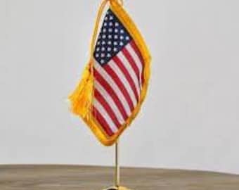 American Flag Desk Set, Gold Fringe, Cord And Tassels, Matching Base, Made in USA