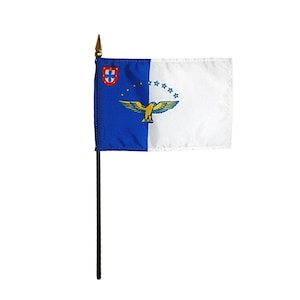 May include: A small flag of the Azores, a Portuguese autonomous region. The flag features a blue and white vertical bisection, with a shield and stars on the blue side and a yellow bird emblem.