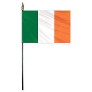 May include: A small Irish flag with a green, white, and orange vertical stripe design. The flag is attached to a black pole with a gold spearhead.