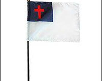 Miniature Christian Flag with Base – 4x6  Inch Religious Desk Flag, Christian Cross Banner, Faith Display for Home or Church, Christian Flag