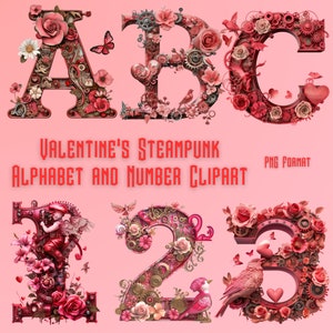 Peut inclure: Alphabet et chiffres steampunk sur le thème de la Saint-Valentin au format PNG. Les lettres A, B, C, 1, 2 et 3 sont composées d'engrenages, de pignons et de fleurs dans des tons de rouge, rose et or.