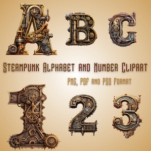 Steampunk Clipart, Ilustraciones Steampunk, Steampunk Numbers, Steampunk png, Steampunk Alphabet Printable Clipart, PNG, PDF y PSD Format imagen 1