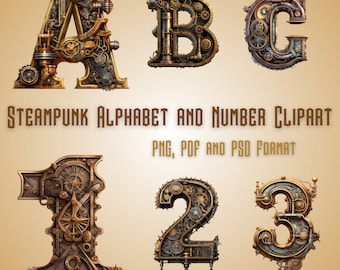 Steampunk Clipart, Ilustraciones Steampunk, Steampunk Numbers, Steampunk png, Steampunk Alphabet Printable Clipart, PNG, PDF and PSD Format