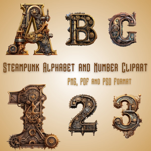 Steampunk Clipart, Steampunk Ilustraciones, Steampunk Zahlen, Steampunk png, Steampunk Alphabet druckbare Clipart, PNG-, PDF- und PSD-Formate