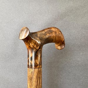 May include: A wooden walking stick with a curved handle. The handle and shaft are made of light brown wood with dark brown grain patterns. The cane is designed for support and mobility.