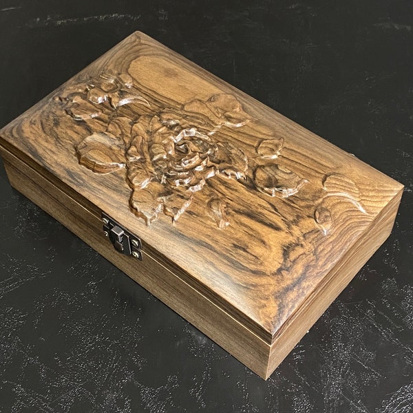 Exclusive wooden jewellery box. Solid wood, floral relief carved luxury jewelry and memory box.