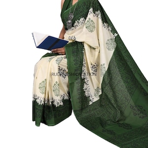 Handgemachter Baumwollsari mit Blockprint: Weicher Mulmul-Stoff, ungenähte Bluse