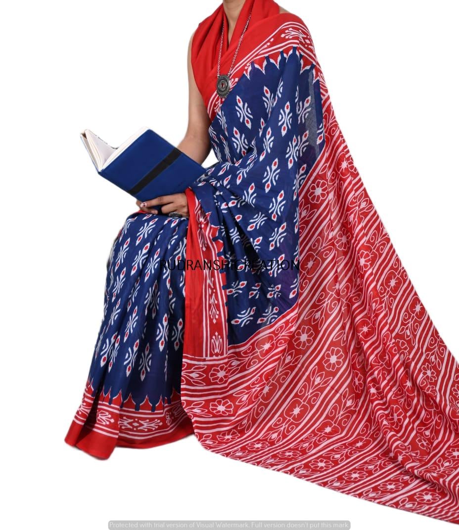 Jaipuri Bagru Print Cotton saree Women With unstich Blouse and fall Piko Free Stitch Facility Available