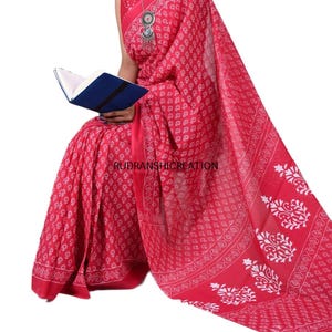 Bagru Print Cotton Saree: Handblock Gedruckter Mulmul mit Ungenähter Bluse