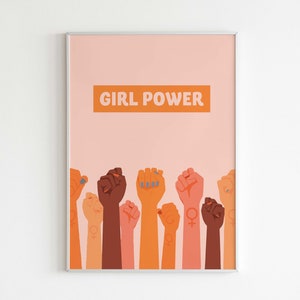 Empowering 8x10 Digital Print - &#39;Girl Power&#39; in Orange with Feminist Fists on Peach Background - Inspirational Feminist Wall Art