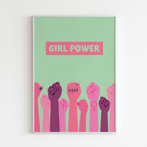 Empowering 8x10 Digital Print - &#39;Girl Power&#39; en rose avec des poings féministes sur fond vert - Inspirational Feminist Wall Art