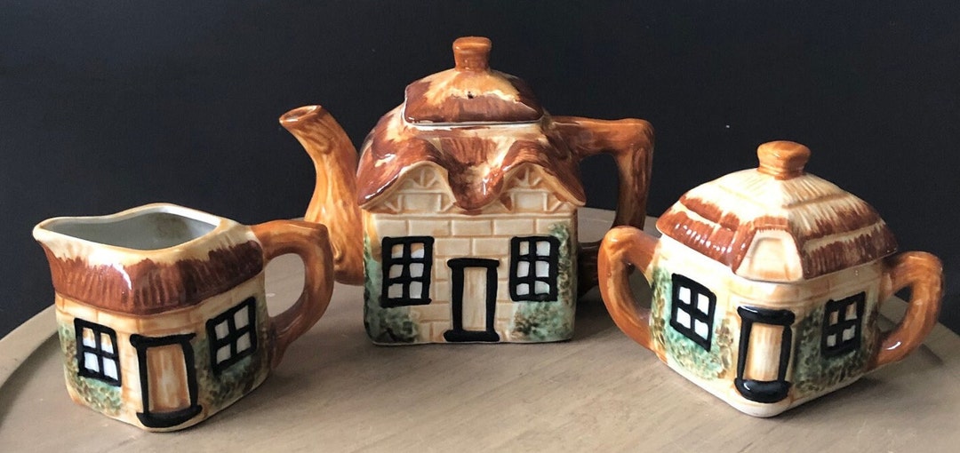 3 Piece Set Vintage Cottage Teapot With Creamer & Sugar Etsy