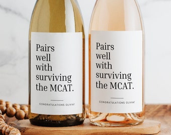 Pairs Well With Surviving the MCAT Wine Label | 3.75x4.75 Inch Printed Matte Label | Medical School Gift