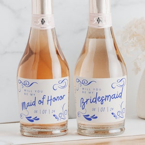 Bridesmaid Proposal Mini Champagne Labels | 3x2 Inch Printed Glossy Labels | Favor Gift | Whimsical Blue Hand Drawn Doodles