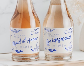 Bridesmaid Proposal Mini Champagne Labels | 3x2 Inch Printed Glossy Labels | Favor Gift | Whimsical Blue Hand Drawn Doodles