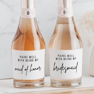 Pairs Well With Mini Champagne Labels | 3x2 Inch Printed Glossy Labels | Bridesmaid Maid of Honor Proposal Bridal Favor Gift