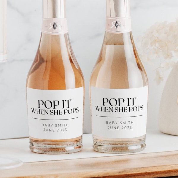 Pop It When She Pops Mini Champagne Labels | 3x2 Inch Printed Glossy Labels 3x2 Inches | Baby Announcement | Shower Favors