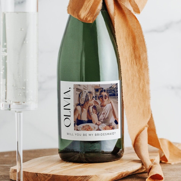 Modern Bridesmaid Proposal Champagne Label | Glossy Weatherproof