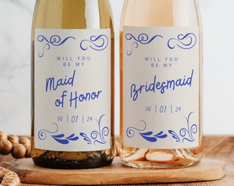 Blue Doodles Bridesmaid Proposal Wine Label | 3.75 x 4.75 Inch Printed Matte Label