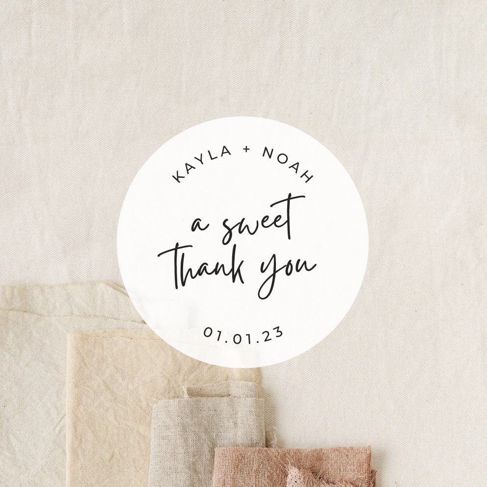 Script A Sweet Thank You Labels | Round White Matte Stickers | Wedding Snack Bag Sweets Desserts Favors Stickers