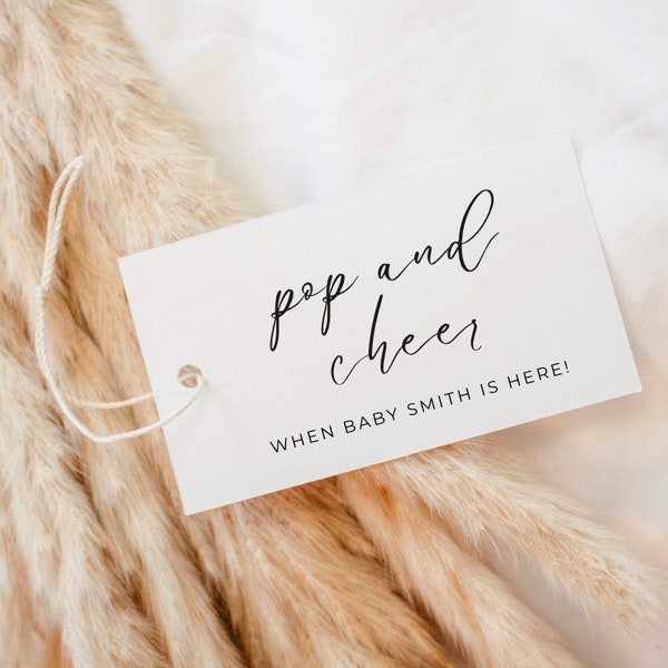 Printed Champagne Pop And Cheer When Baby Is Here Tags | Linen Textured Cardstock | 2x3.5 Inches | Baby Shower Thank You Gift Favor Label
