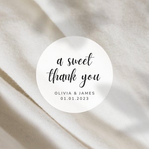 A Sweet Thank You Labels | Round White Matte Stickers | Doodle Script Wedding Snack Bag Sweets Desserts Favors Stickers | Brushstroke Font