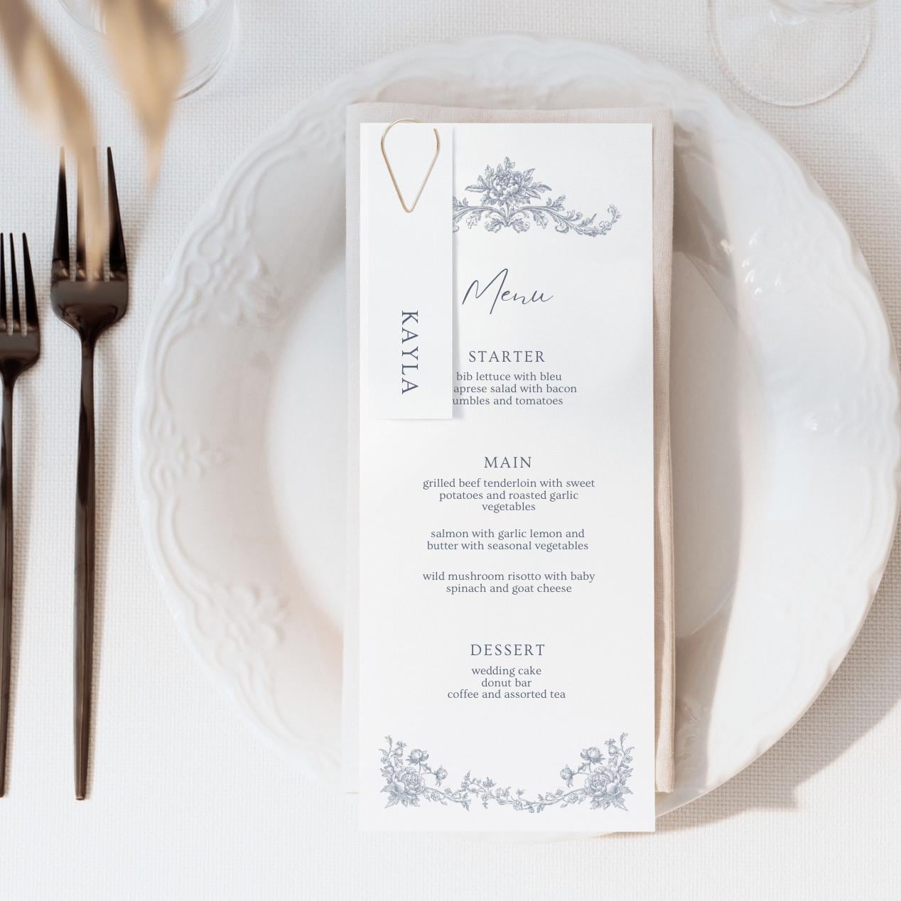 Printed Blue Floral Baroque Wedding Menu Place Card Set