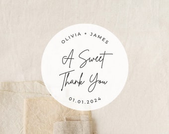 Handwritten Font A Sweet Thank You Labels | Round White Matte Stickers | Wedding Snack Bag Sweets Desserts Favors Stickers