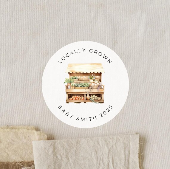 Locally Grown Arch Produce Stand Baby Shower Sticker | 2 Inch Matte White Round Labels | Thank You Sticker