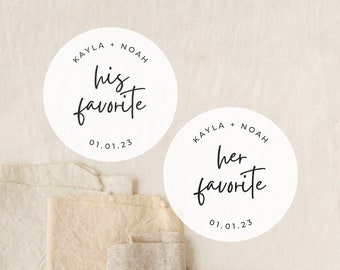 Script His + Her Favorite Customizable Labels | Round White Matte Stickers | Wedding Snack Bag Sweets Desserts Thank You Favors Stickers