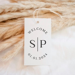 Printed Modern Emblem Wedding Welcome Tags | Linen Textured Cardstock | 2x3.5 Inches | Hotel Thank You Gift Favor Bag Label