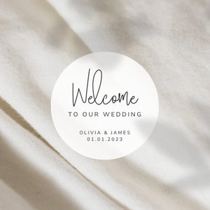Welcome To The Wedding of Names + Date Labels | 2 Inch Round White Matte Stickers | Hotel Bag Snack Bag Sweets Desserts Favors Stickers