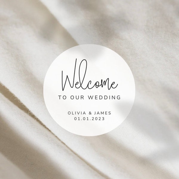 Welcome To The Wedding of Names + Date Labels | Round White Matte Stickers | Hotel Bag Snack Bag Sweets Desserts Favors Stickers