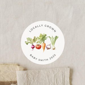 Locally Grown Arch Vegetables Baby Shower Sticker | 2 Inch Matte White Round Labels | Thank You Sticker
