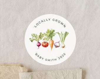 Locally Grown Arch Vegetables Baby Shower Sticker | 2 Inch Matte White Round Labels | Thank You Sticker