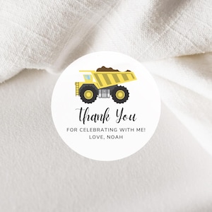 Dump Truck Construction Birthday Party Favor Thank You Stickers | 2 Inch Round Matte White