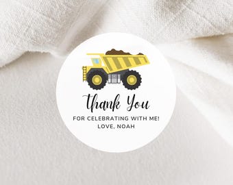 Dump Truck Construction Birthday Party Favor Thank You Stickers | 2 Inch Round Matte White
