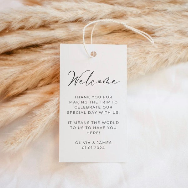 Printed Wedding Welcome Tags | Linen Textured Cardstock | 2x3.5 Inches | Note to Guests Hotel Thank You Gift Favor Bag Label