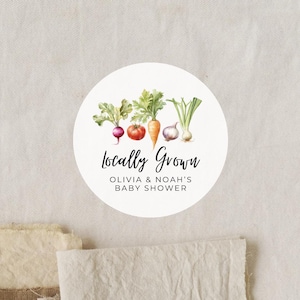 Locally Grown Vegetables Baby Shower Sticker | 2 Inch Matte White Round Labels | Thank You Sticker