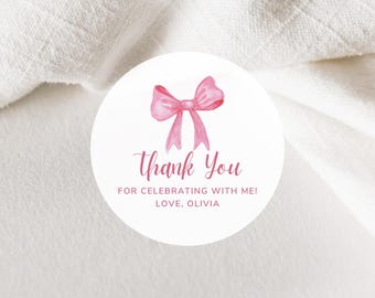 Pink Bow Birthday Party Favor Thank You Stickers | 2 Inch Round Matte White