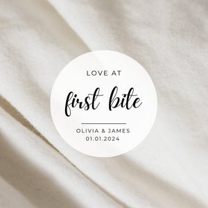 Modern Love At First Bite Labels | 2 Inch Round White Matte Stickers | Wedding Snack Bag Sweets Desserts Favors Stickers