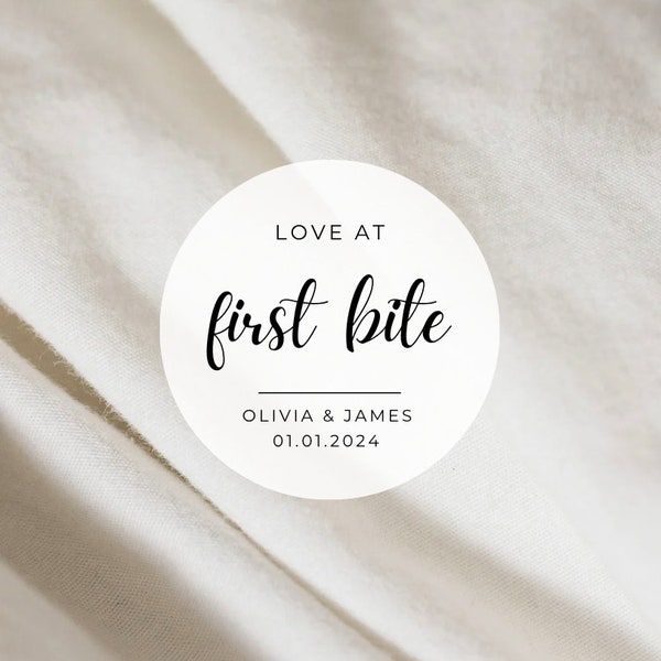 Modern Love At First Bite Labels | Round White Matte Stickers | Wedding Snack Bag Sweets Desserts Favors Stickers