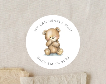 We Can Bearly Wait Labels | Baby Shower Favor | Teddy Bear | 2 Inch Matte White Labels