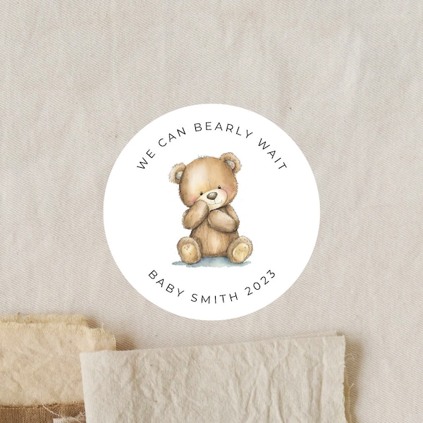 We Can Bearly Wait Labels | Baby Shower Favor | Teddy Bear | 2 Inch Matte White Labels