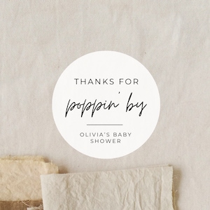 Modern Thanks For Poppin By Baby Shower Labels | Celebrating Baby | Thank You Sticker | Baby Shower Favors Sticker